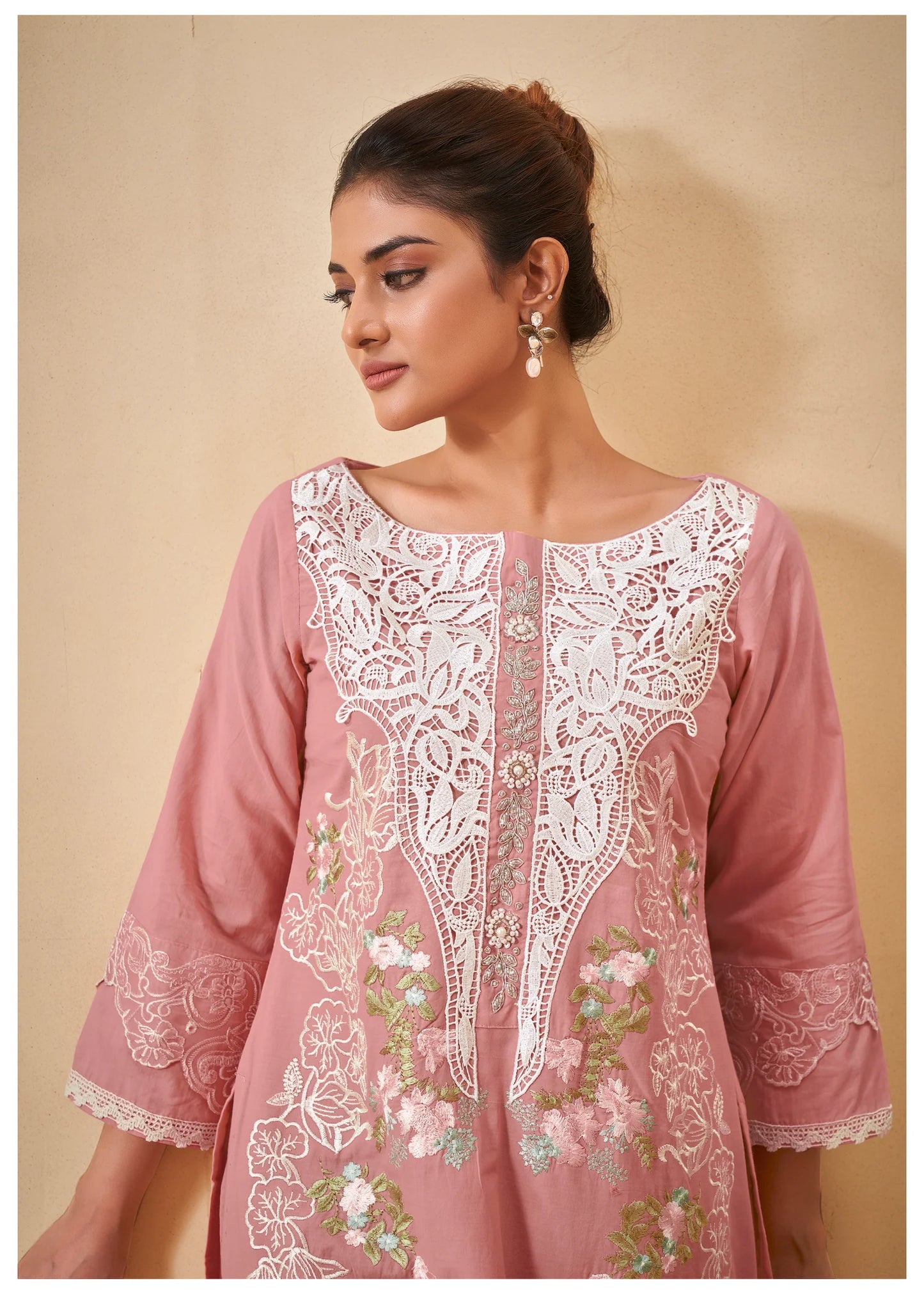 Pastel Peach Pakistani Work Ethnic Cotton Set with Dupatta