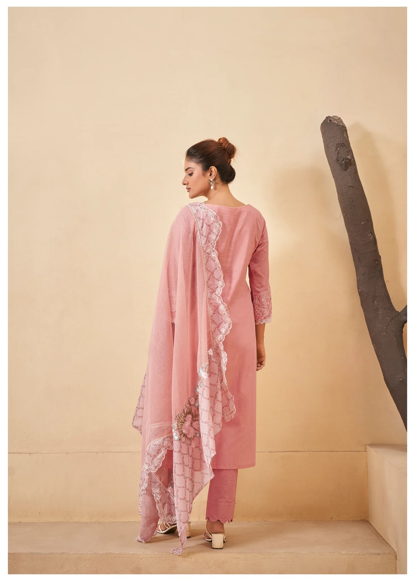 Pastel Peach Pakistani Work Ethnic Cotton Set with Dupatta