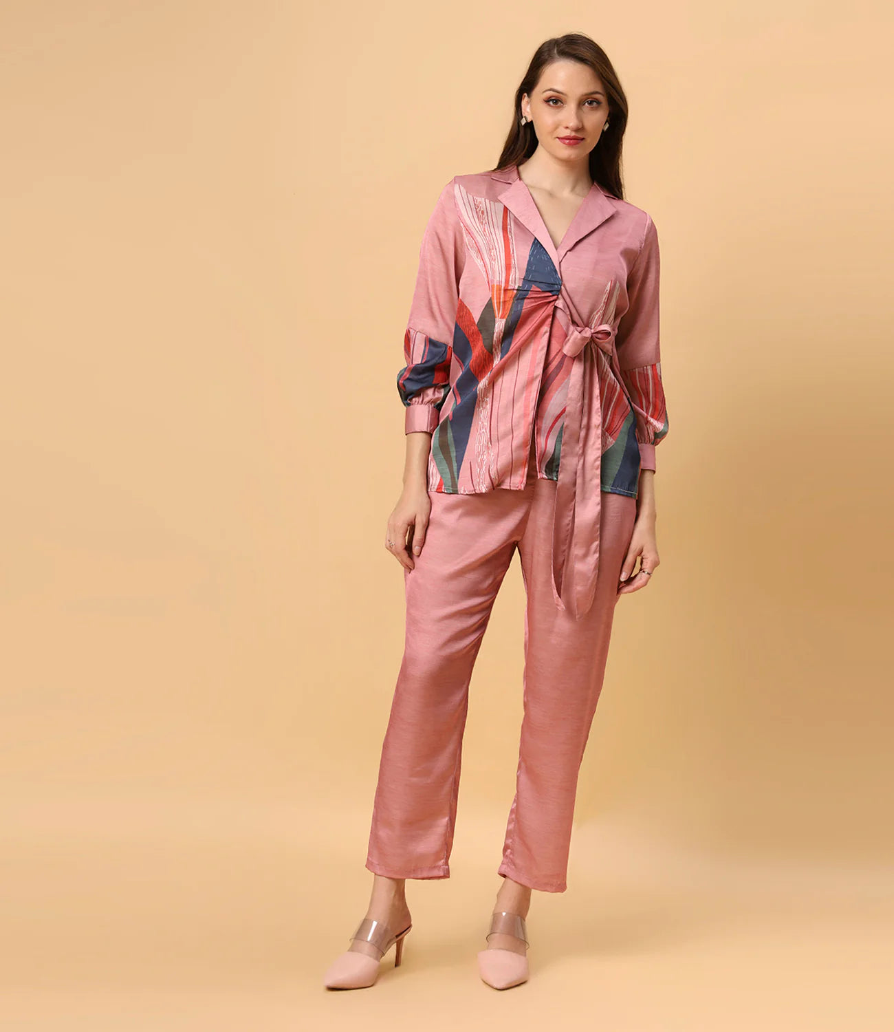 Pink Abstract Print Satin Co-Ord Set