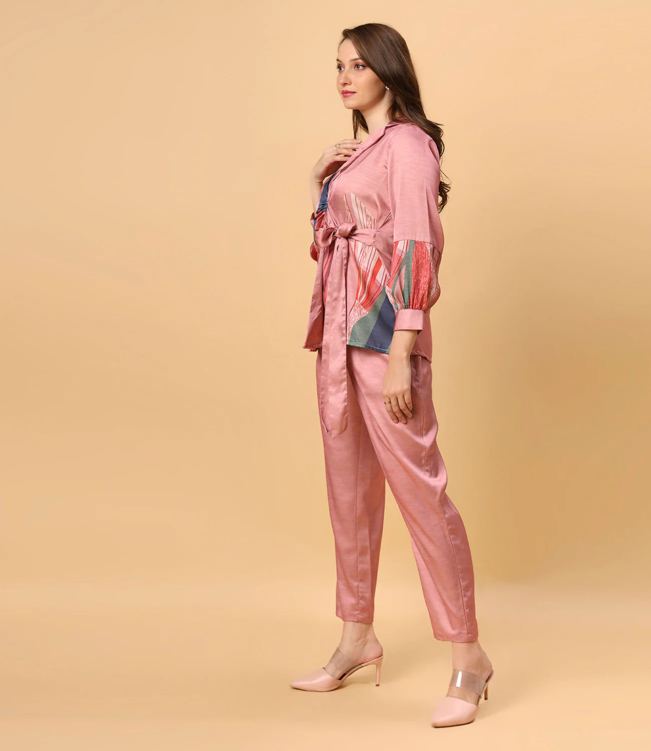 Pink Abstract Print Satin Co-Ord Set