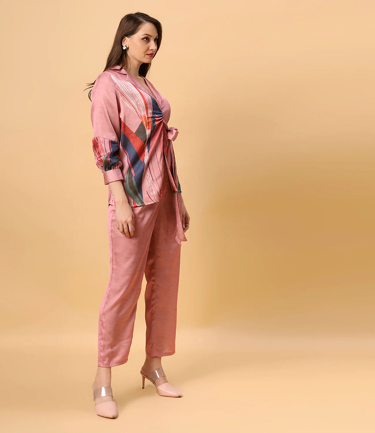 Pink Abstract Print Satin Co-Ord Set