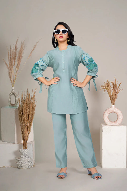 Mint Green Floral Sequins Tunic With Trouser