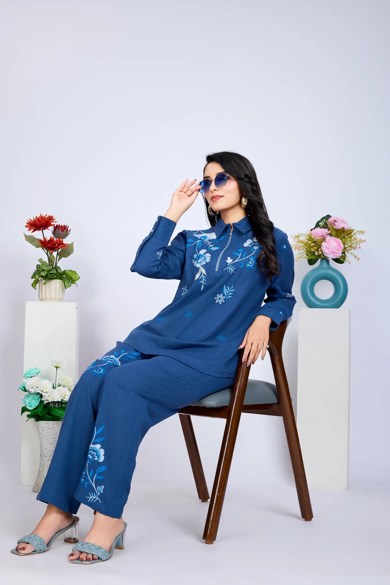Navy Blue Embroidered Zip Cotton Flex Co-Ord Set