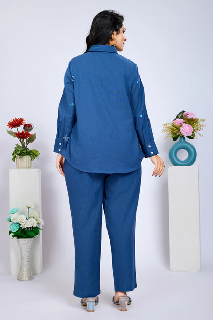 Navy Blue Embroidered Zip Cotton Flex Co-Ord Set