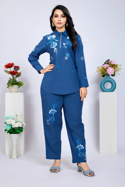 Navy Blue Embroidered Zip Cotton Flex Co-Ord Set