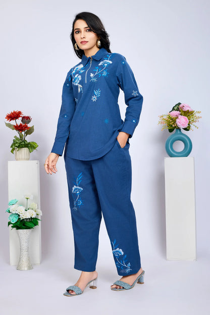 Navy Blue Embroidered Zip Cotton Flex Co-Ord Set