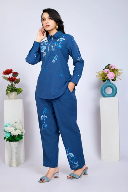 Navy Blue Embroidered Zip Cotton Flex Co-Ord Set