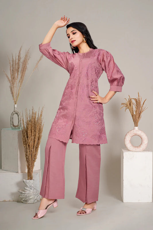 Dusty Rose Embroidered Tunic With Flared Pant