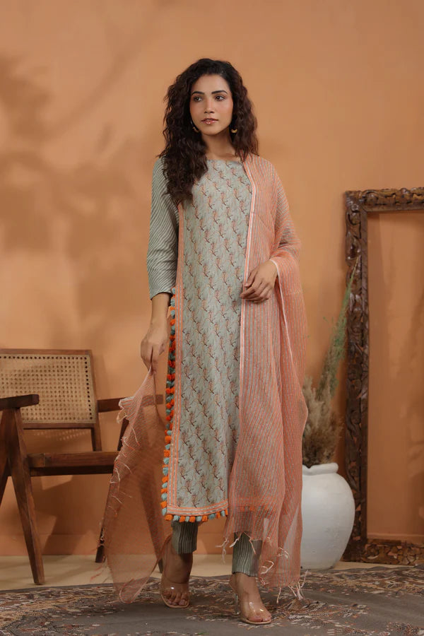 linen printed kurta and striped linen pants