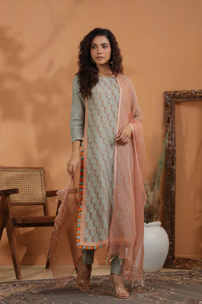 linen printed kurta and striped linen pants