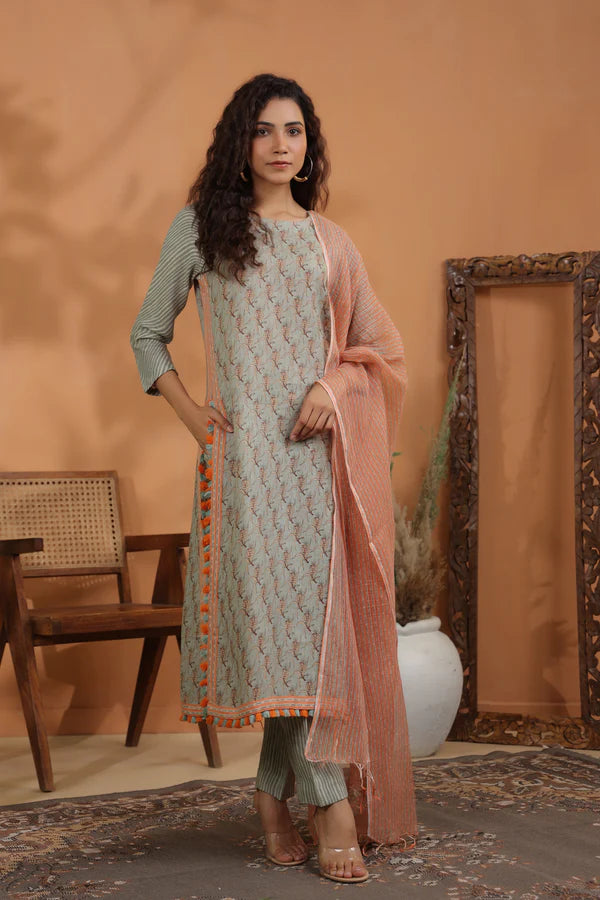 linen printed kurta and striped linen pants