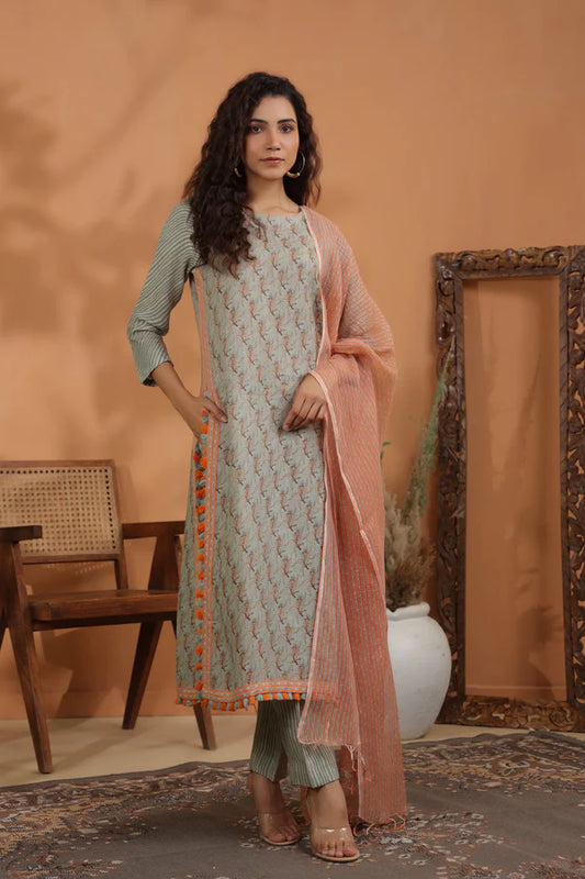 linen printed kurta and striped linen pants