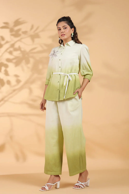White and Sage Green Applique Flower Embroidered Cotton Flex Co-Ord Set
