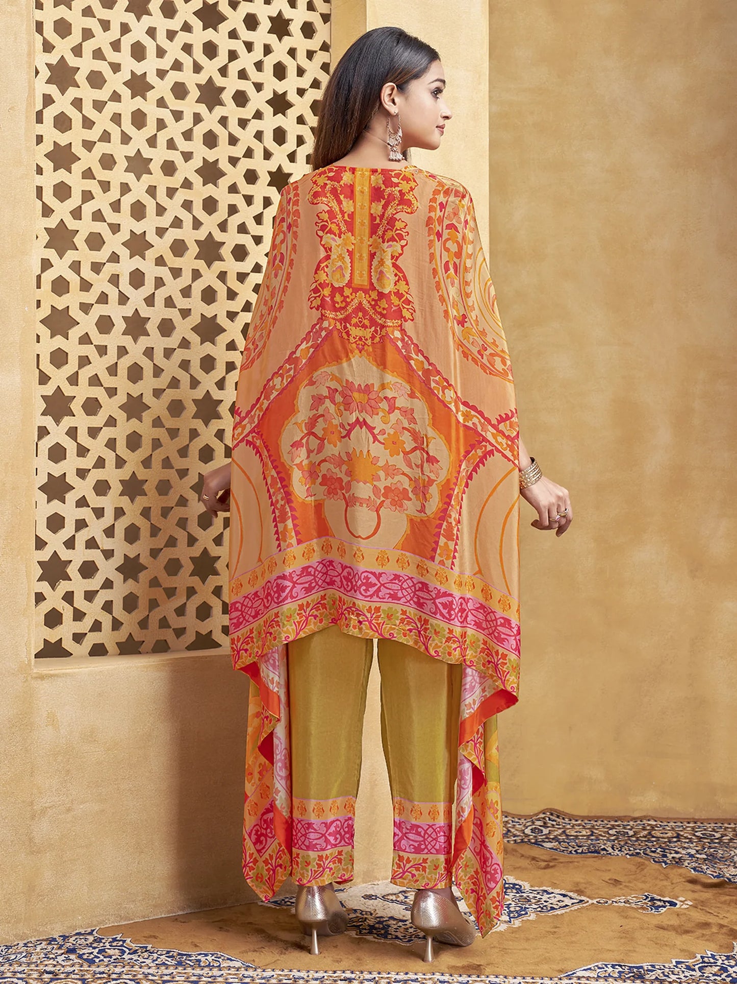 Orange & Green Asymmetric Cut Abstract Printed Co-ord Set in Crepe