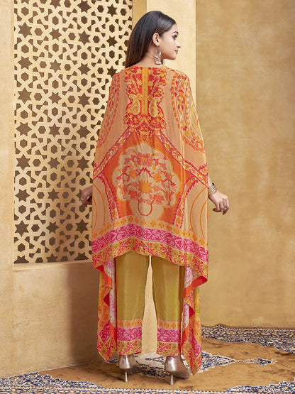 Orange & Green Asymmetric Cut Abstract Printed Co-ord Set in Crepe