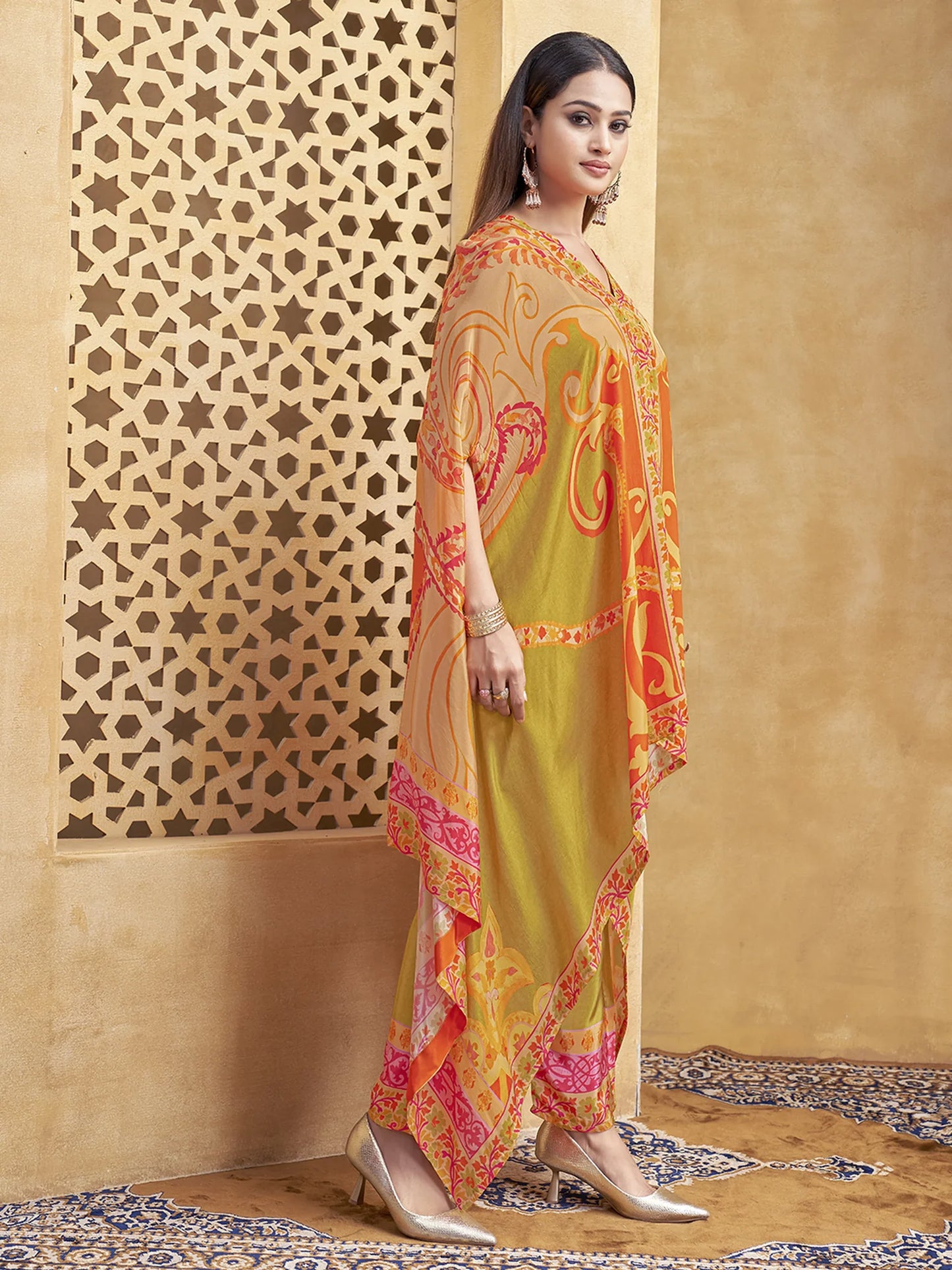 Orange & Green Asymmetric Cut Abstract Printed Co-ord Set in Crepe