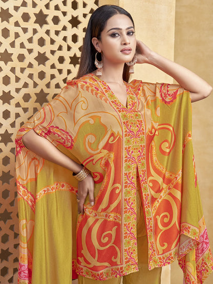 Orange & Green Asymmetric Cut Abstract Printed Co-ord Set in Crepe