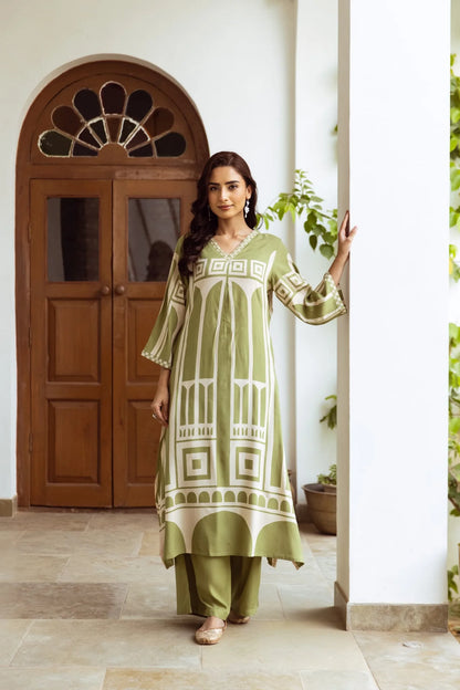 Sage Green Ethnic Set with Abstract Rayon Geometric Print