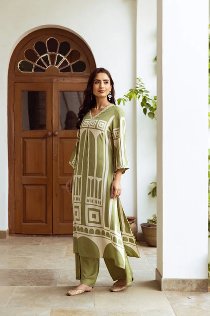 Sage Green Ethnic Set with Abstract Rayon Geometric Print