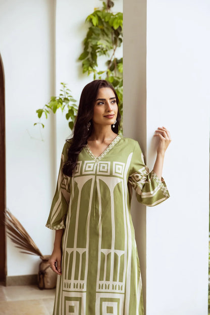 Sage Green Ethnic Set with Abstract Rayon Geometric Print