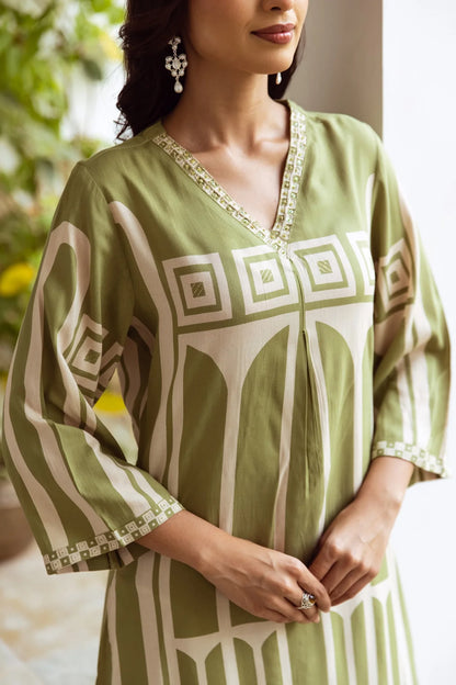 Sage Green Ethnic Set with Abstract Rayon Geometric Print