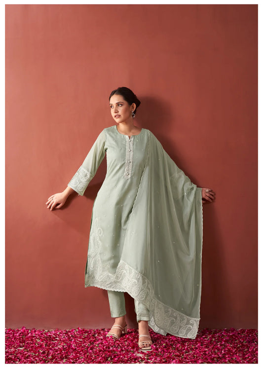 Sage Green Paisley Embroidery Organza Ethnic Set with Dupatta