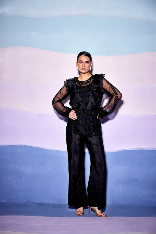 BLACK FRONT FRILL TOP & SILK PANTS
