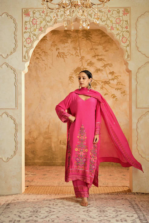 Raag placement kurta set-Hot Pink