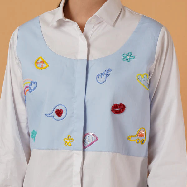 Embroidered Blue Waist Coat Poplin Shirt