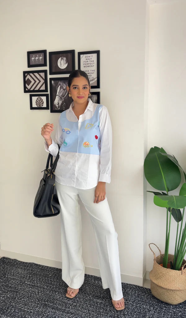 Embroidered Blue Waist Coat Poplin Shirt