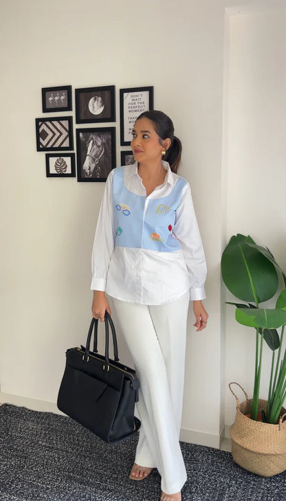 Embroidered Blue Waist Coat Poplin Shirt