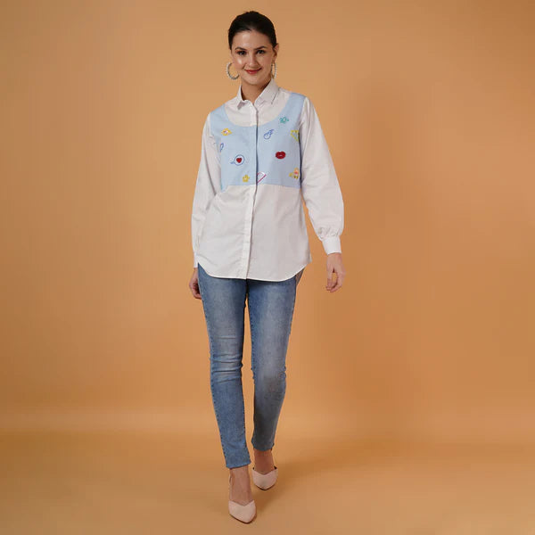 Embroidered Blue Waist Coat Poplin Shirt