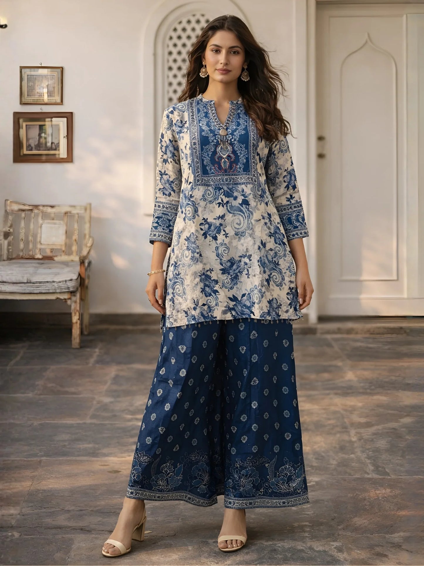 Indigo & Light Grey Embellished Kurta Set in Viscose