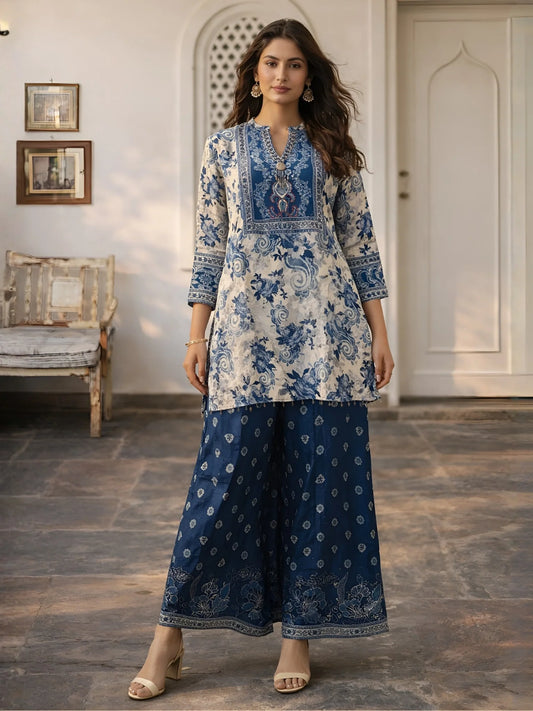 Indigo & Light Grey Embellished Kurta Set in Viscose