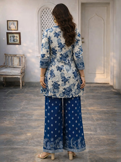 Indigo & Light Grey Embellished Kurta Set in Viscose