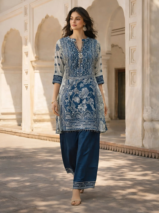 Indigo Panel Printed & Floral Embroidered Viscose Kurta Set