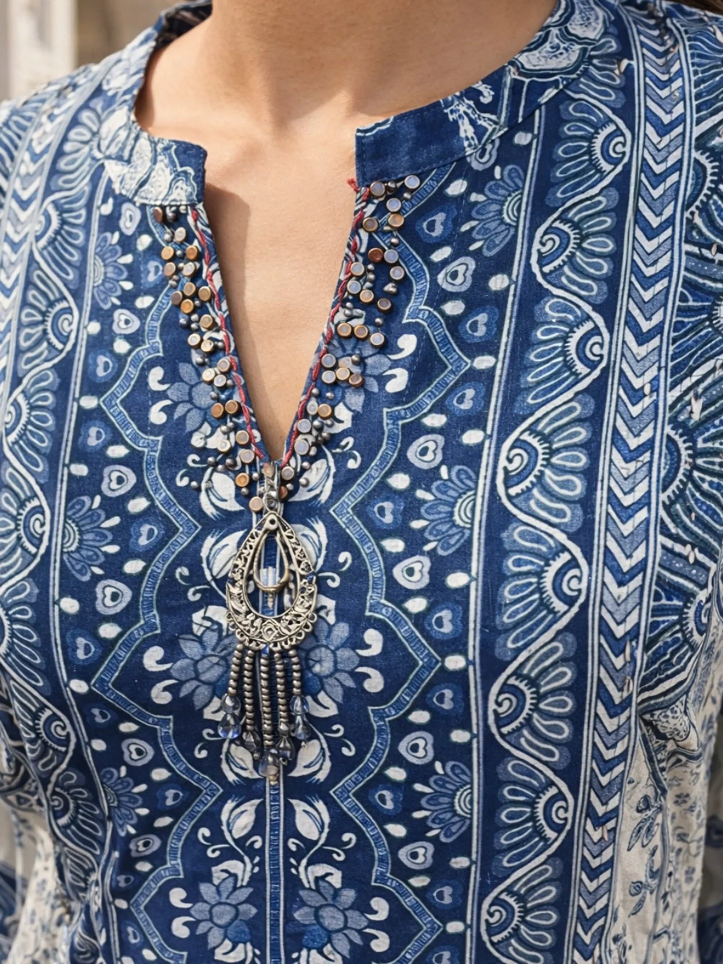 Indigo Panel Printed & Floral Embroidered Viscose Kurta Set