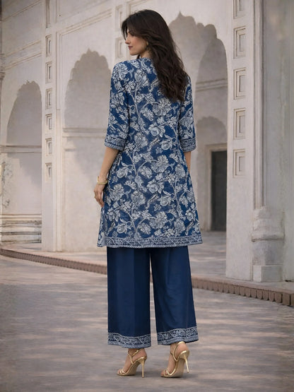 Indigo Panel Printed & Floral Embroidered Viscose Kurta Set