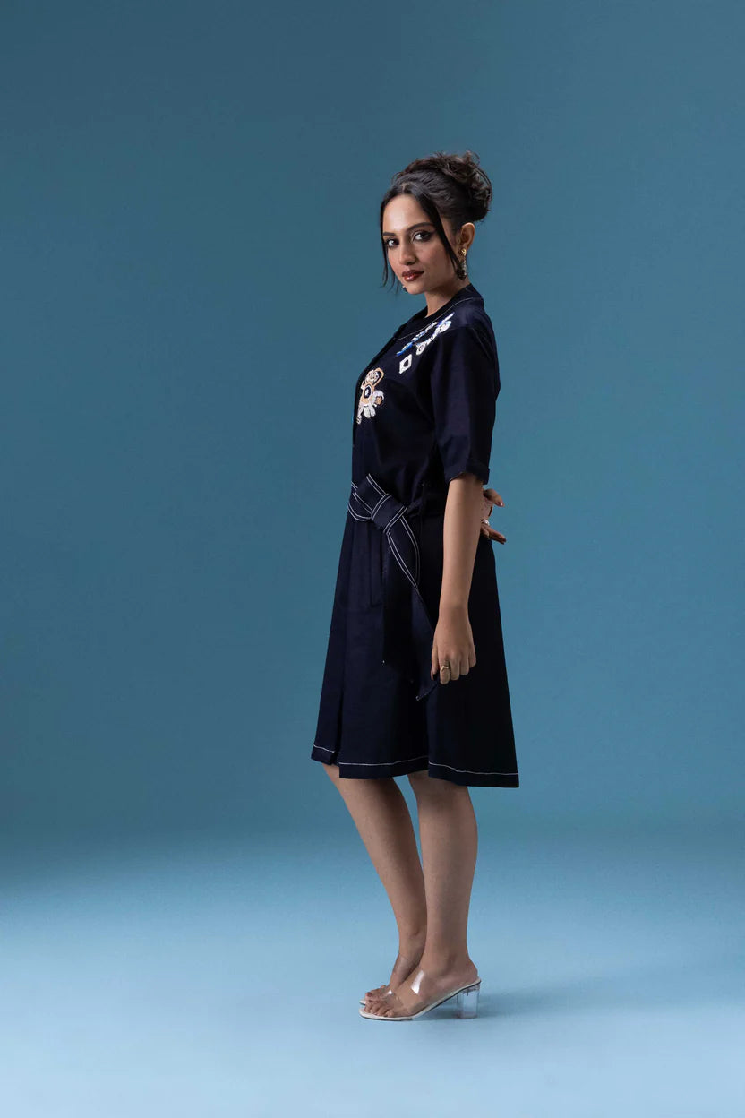 Navy Embroidered Short Dress
