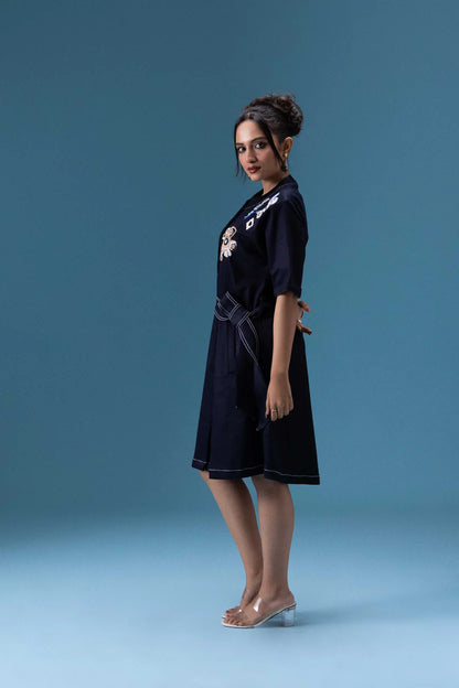 Navy Embroidered Short Dress