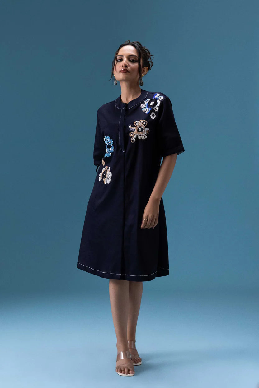 Navy Embroidered Short Dress