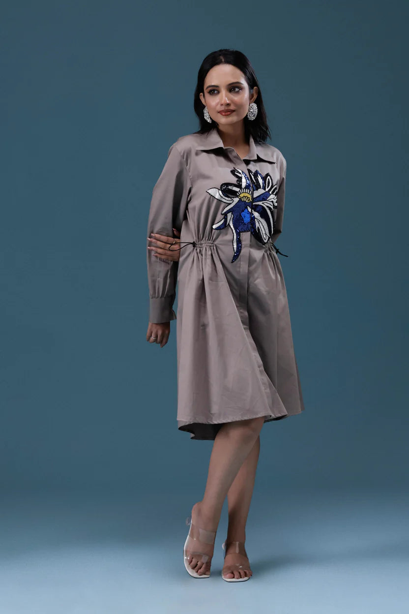 Grey Big Sequin Patch Shirt Dress
