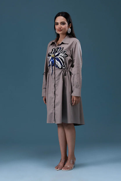 Grey Big Sequin Patch Shirt Dress