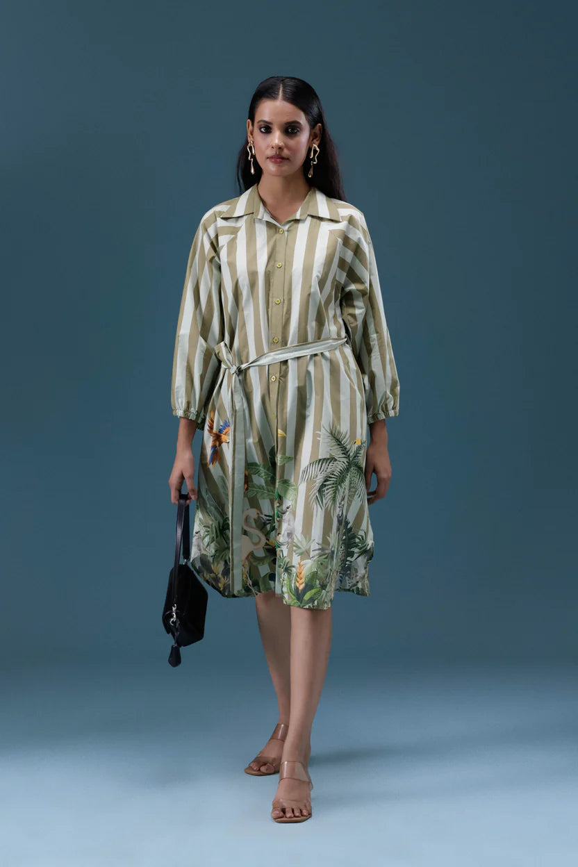 Green Stripe Printed Shirt Dress