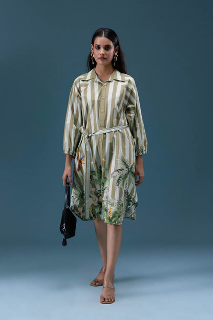 Green Stripe Printed Shirt Dress