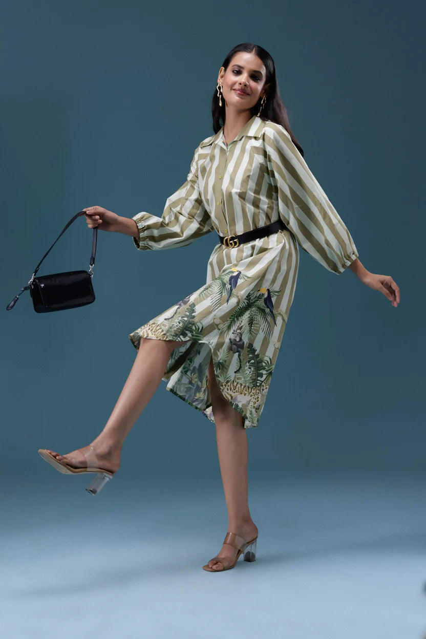 Green Stripe Printed Shirt Dress